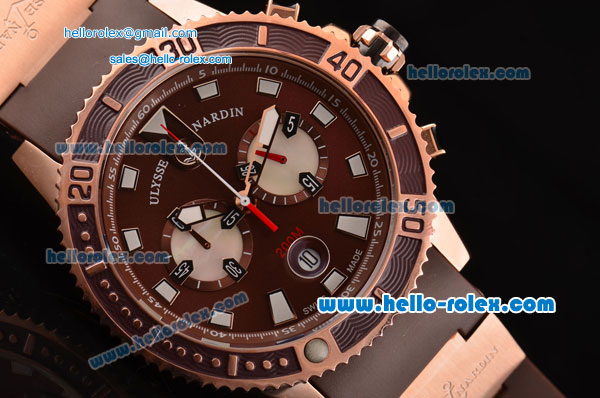 Ulysse Nardin Maxi Marine Diver Chrono Miyota OS20 Quartz Rose Gold Case with Brown Rubber Strap Brown Dial 7750 Coating - Click Image to Close